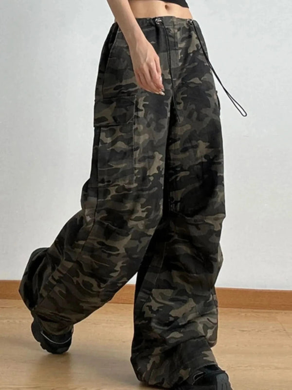 Drawstring Camouflage Cargo Wide Leg Jeans - ShalayeFashion