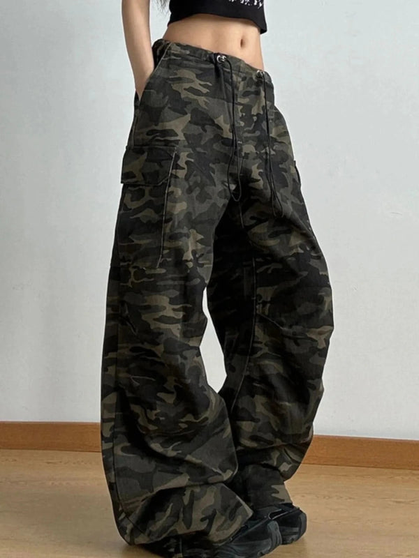 Drawstring Camouflage Cargo Wide Leg Jeans - ShalayeFashion