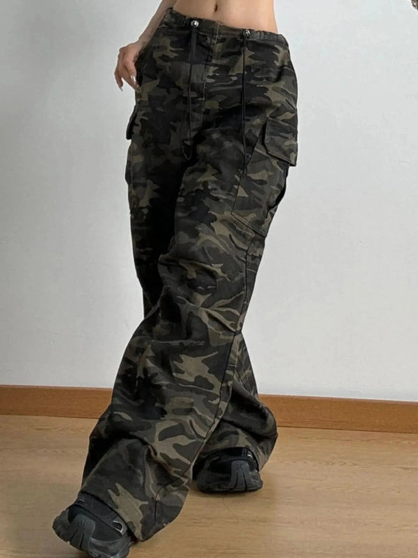 Drawstring Camouflage Cargo Wide Leg Jeans - ShalayeFashion