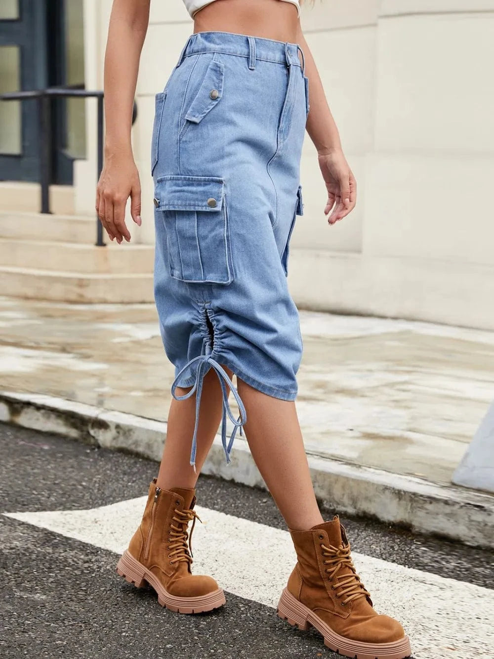 Drawstring Denim Skirt with Cargo Pockets - ShalayeFashion