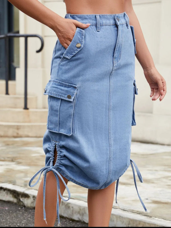Drawstring Denim Skirt with Cargo Pockets - ShalayeFashion