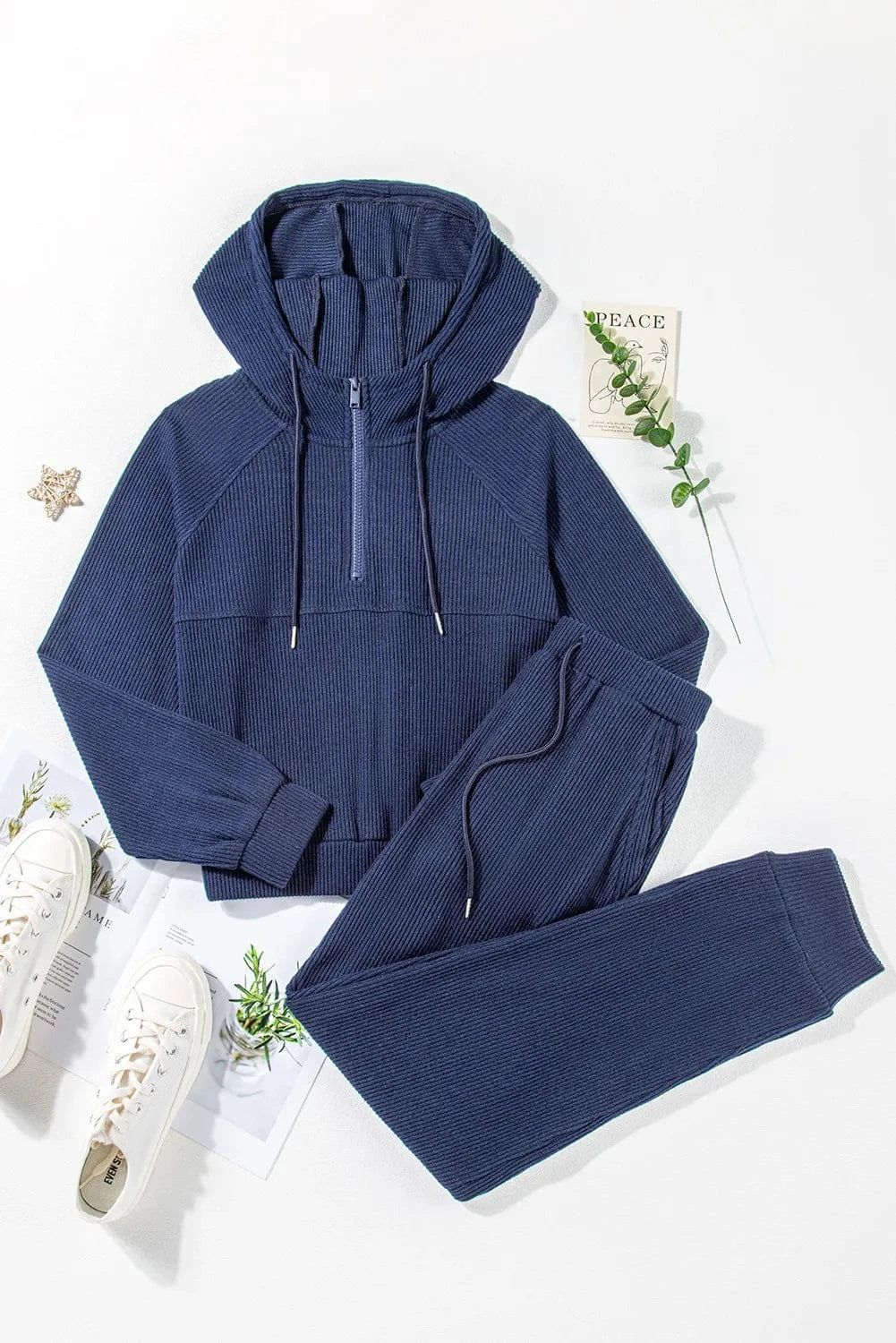 Drawstring Half Zip Hoodie and Joggers Active Set - ShalayeFashion
