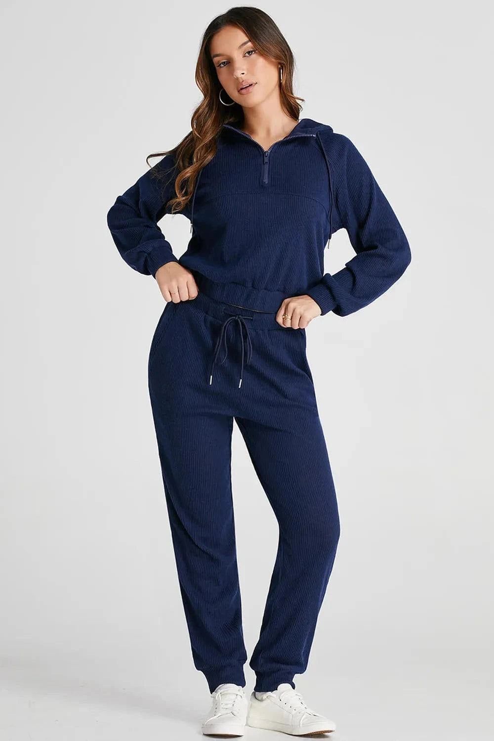 Drawstring Half Zip Hoodie and Joggers Active Set - ShalayeFashion