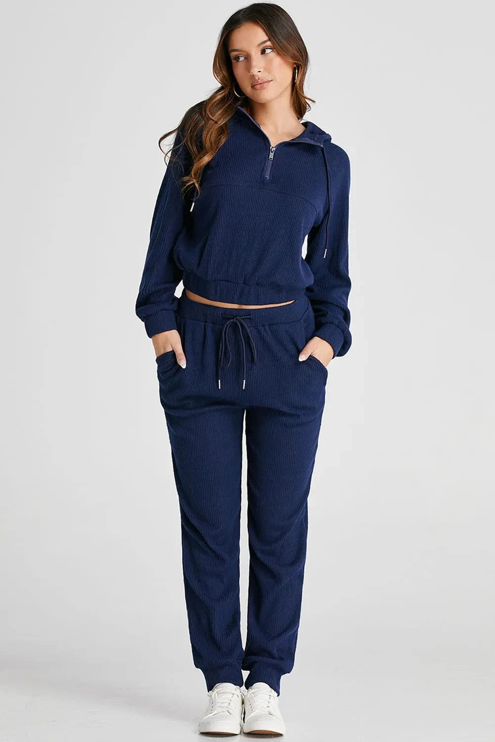 Drawstring Half Zip Hoodie and Joggers Active Set - ShalayeFashion