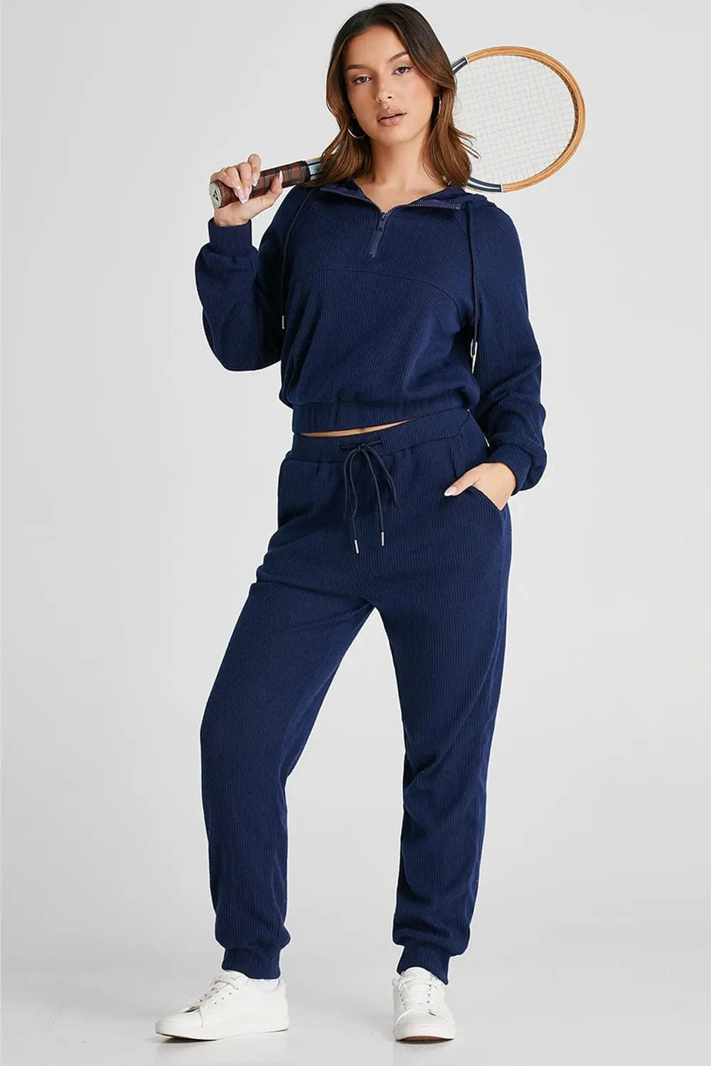 Drawstring Half Zip Hoodie and Joggers Active Set - ShalayeFashion
