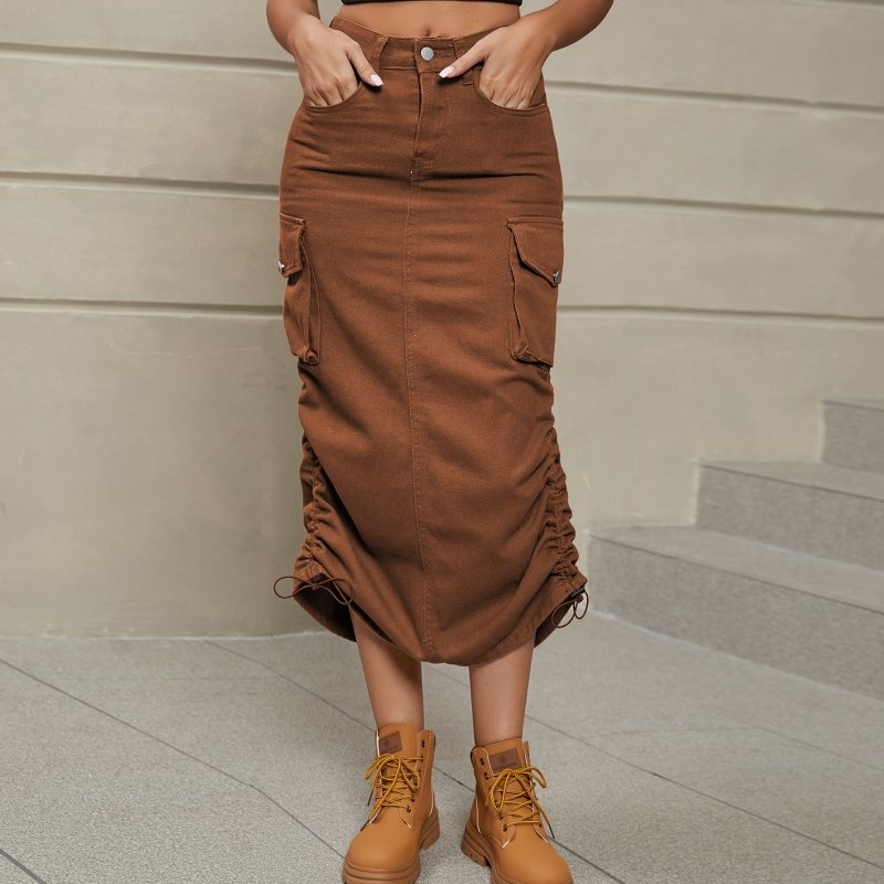 Drawstring Ruched Slit Denim Midi Skirt - ShalayeFashion