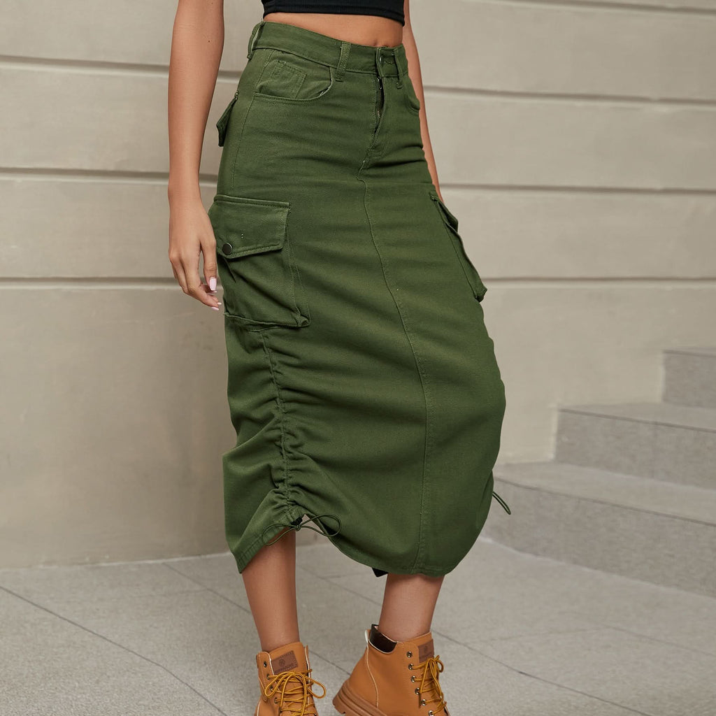 Drawstring Ruched Slit Denim Midi Skirt - ShalayeFashion