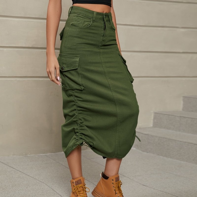 Drawstring Ruched Slit Denim Midi Skirt - ShalayeFashion