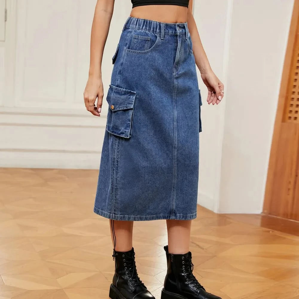 Drawstring Ruched Slit Denim Midi Skirt - ShalayeFashion