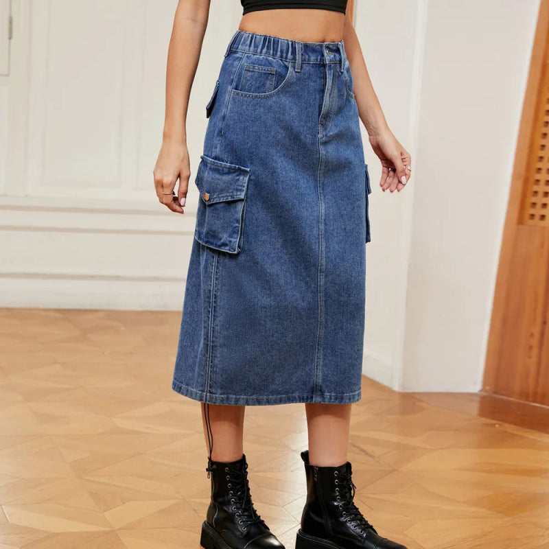 Drawstring Ruched Slit Denim Midi Skirt - ShalayeFashion
