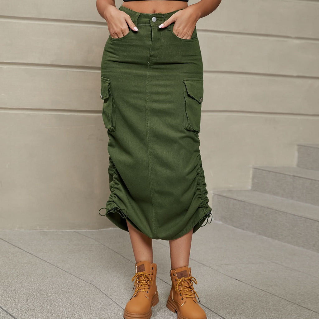 Drawstring Ruched Slit Denim Midi Skirt - ShalayeFashion