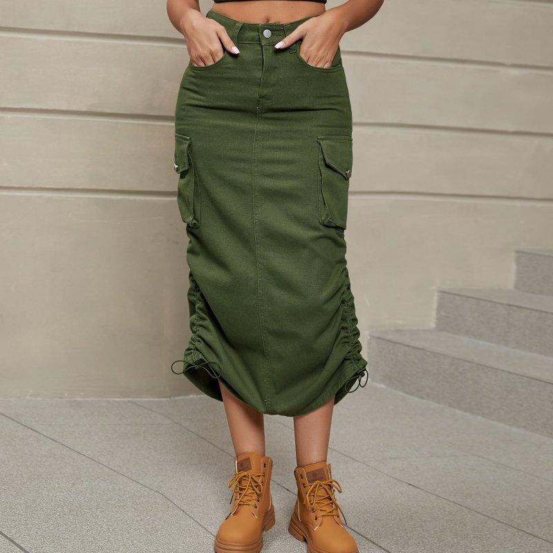 Drawstring Ruched Slit Denim Midi Skirt - ShalayeFashion