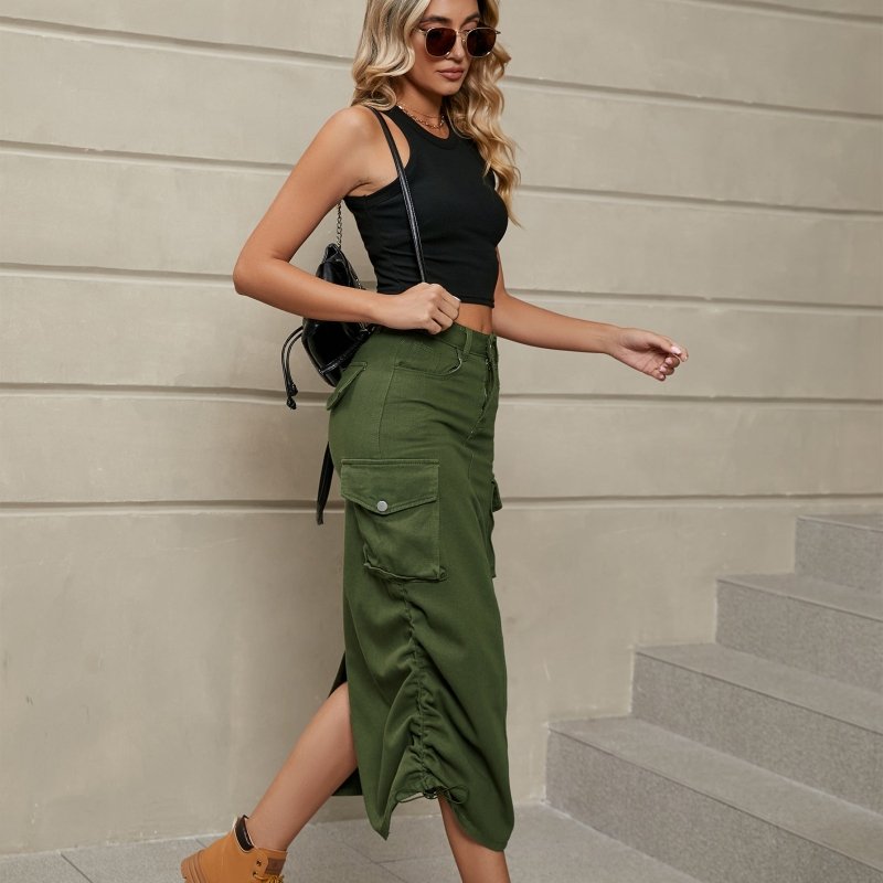 Drawstring Ruched Slit Denim Midi Skirt - ShalayeFashion