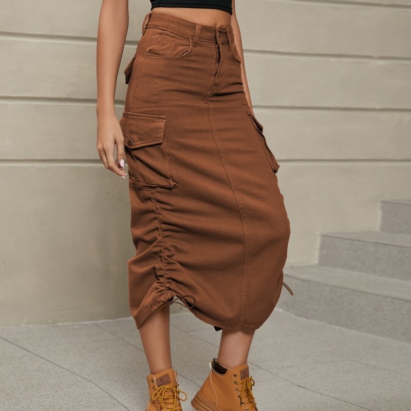 Drawstring Ruched Slit Denim Midi Skirt - ShalayeFashion