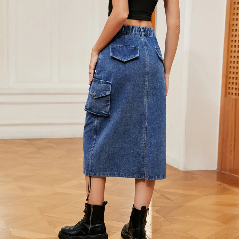 Drawstring Ruched Slit Denim Midi Skirt - ShalayeFashion