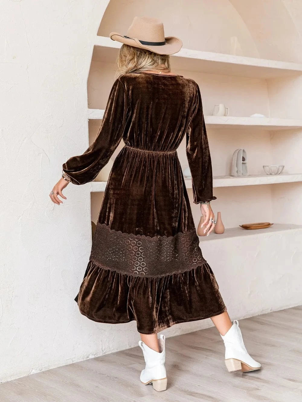 Drawstring V - Neck Crochet Dress - ShalayeFashion