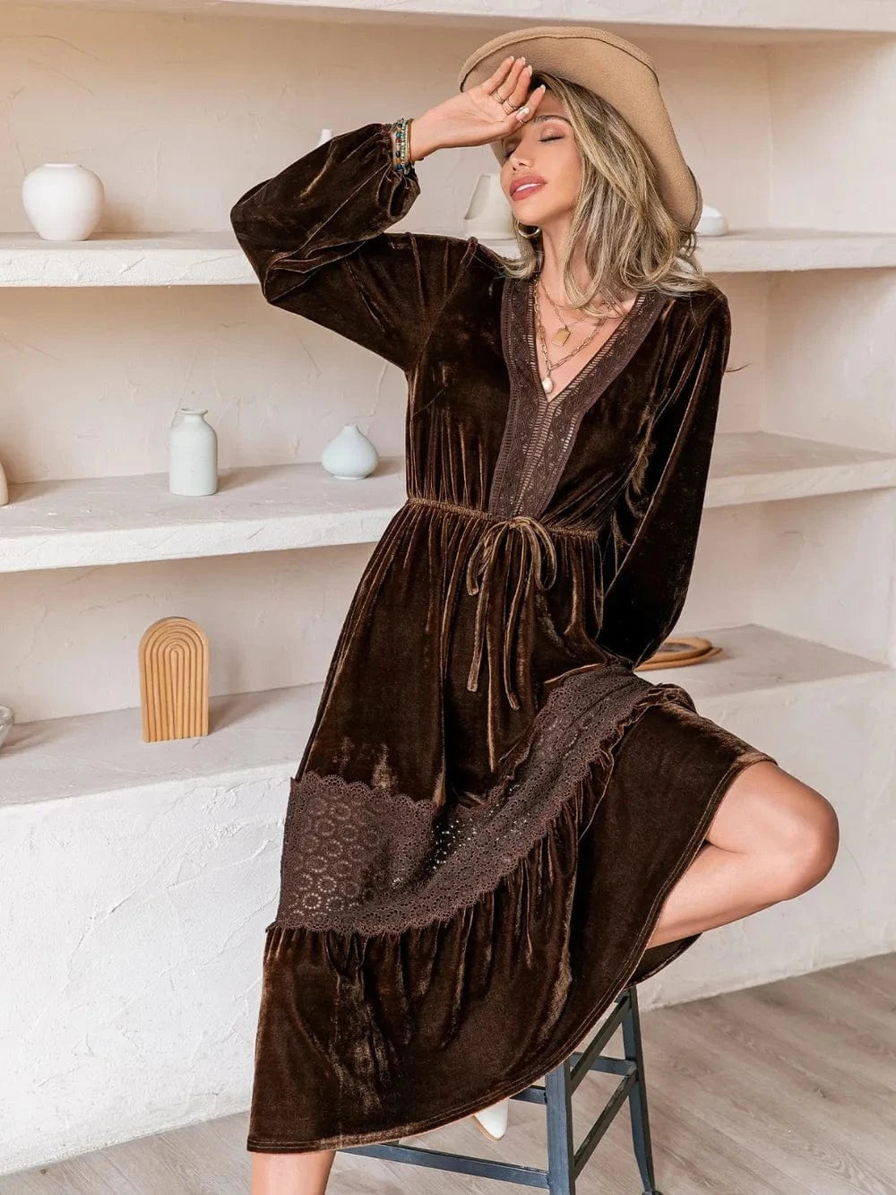 Drawstring V - Neck Crochet Dress - ShalayeFashion
