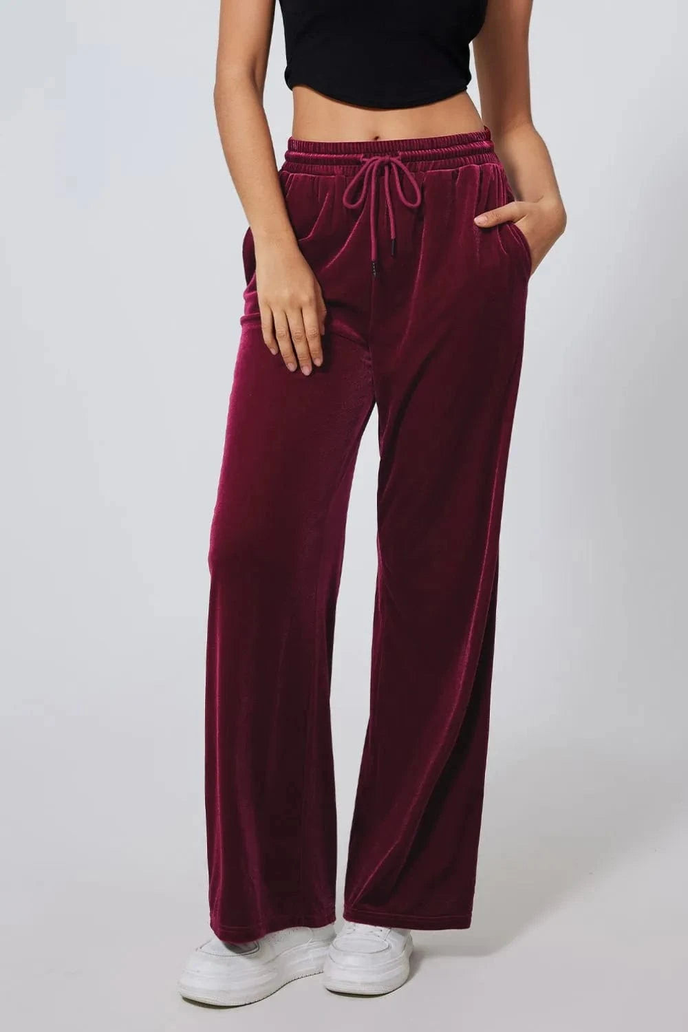 Drawstring Waist Wide Leg Active Pants - ShalayeFashion
