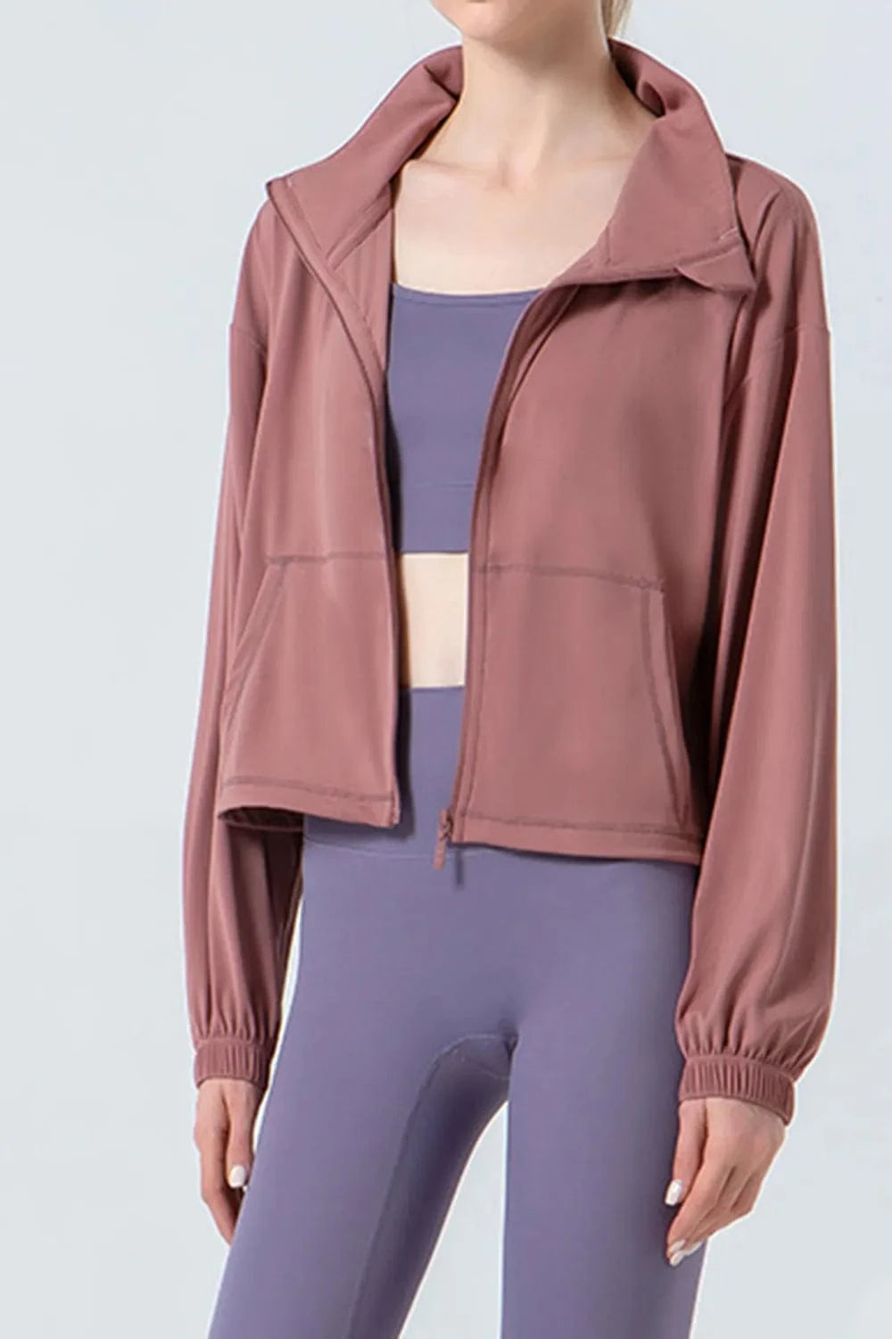 Drawstring Zip Up Dropped Shoulder Active Outerwear - ShalayeFashion