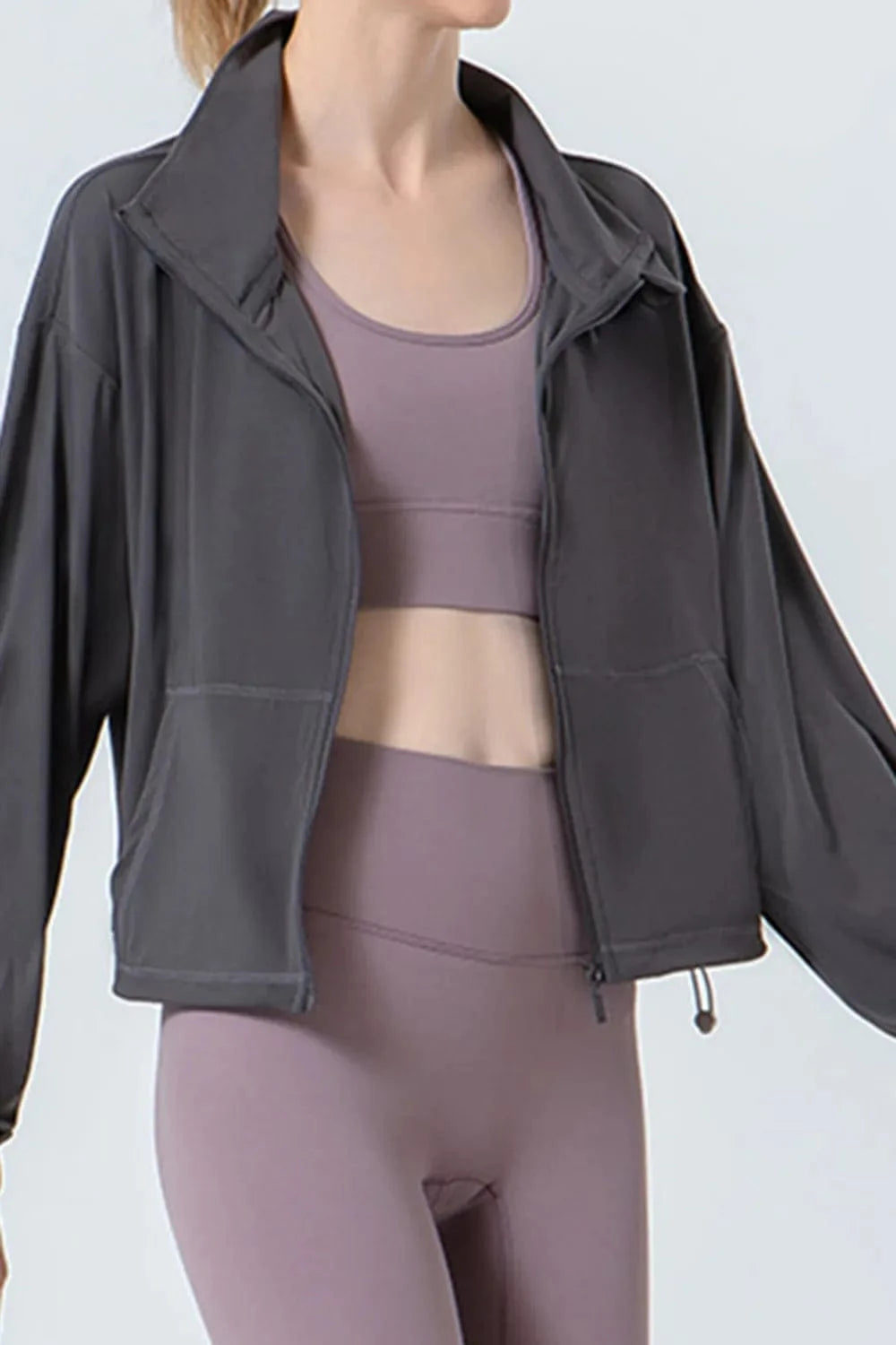 Drawstring Zip Up Dropped Shoulder Active Outerwear - ShalayeFashion