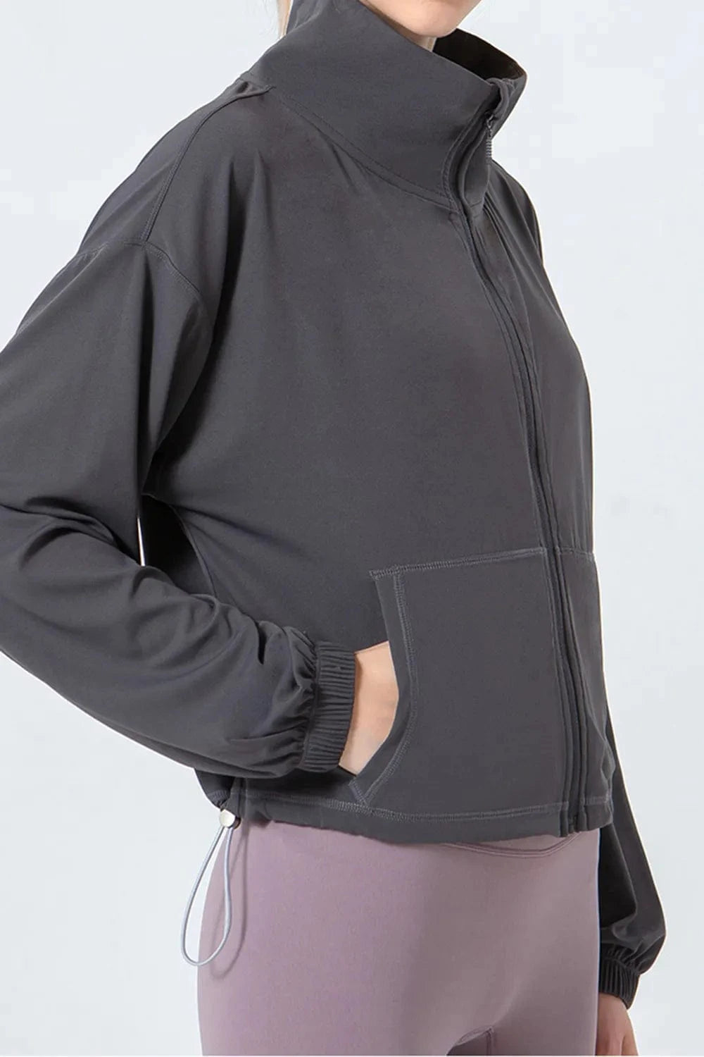 Drawstring Zip Up Dropped Shoulder Active Outerwear - ShalayeFashion