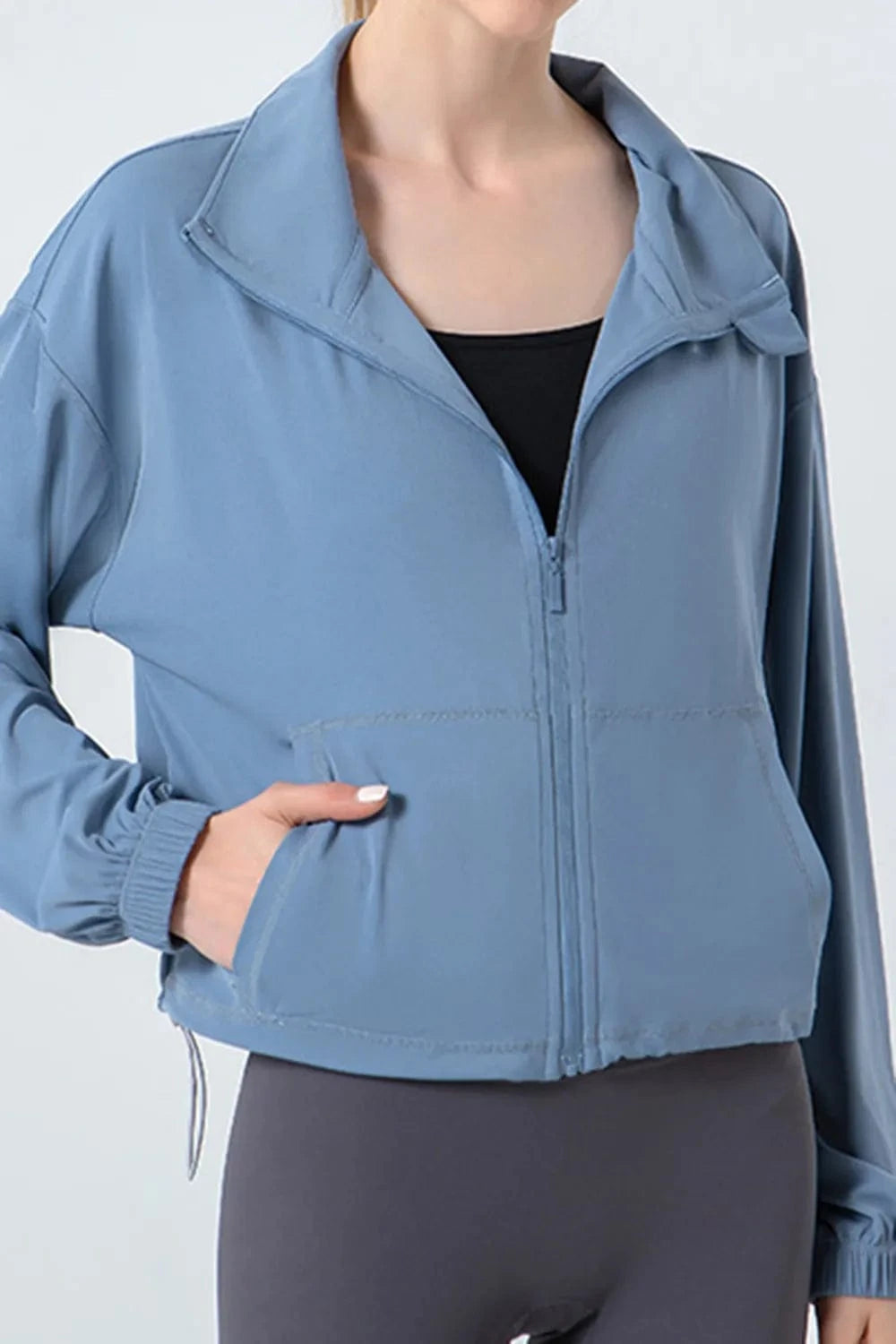 Drawstring Zip Up Dropped Shoulder Active Outerwear - ShalayeFashion