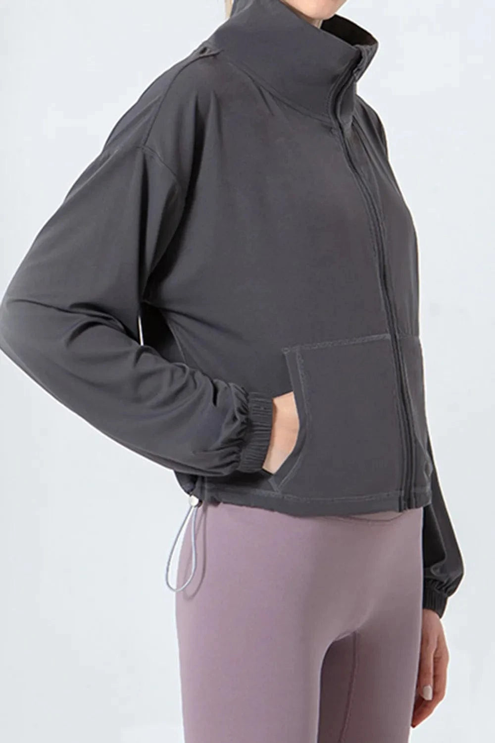 Drawstring Zip Up Dropped Shoulder Active Outerwear - ShalayeFashion