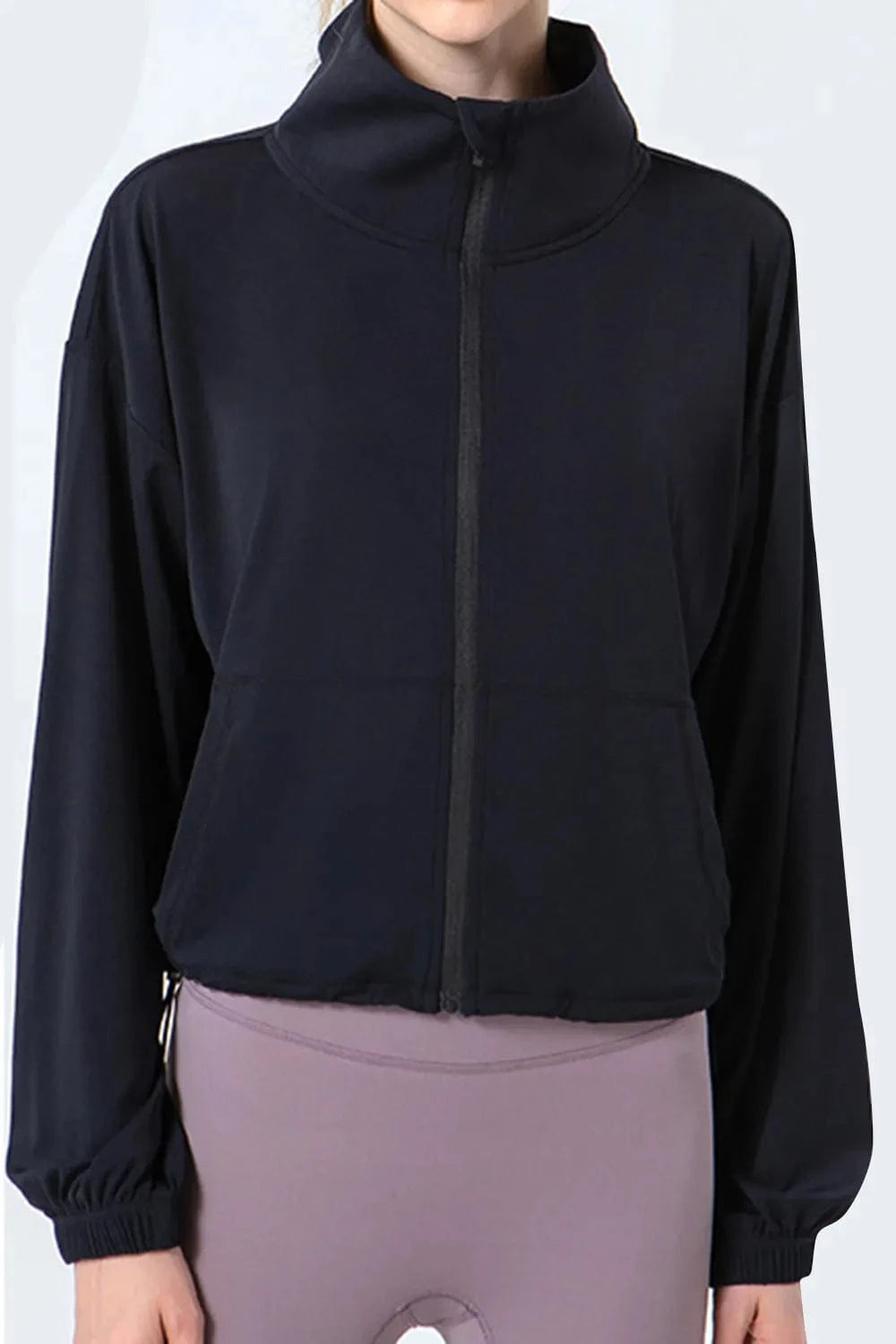 Drawstring Zip Up Dropped Shoulder Active Outerwear - ShalayeFashion