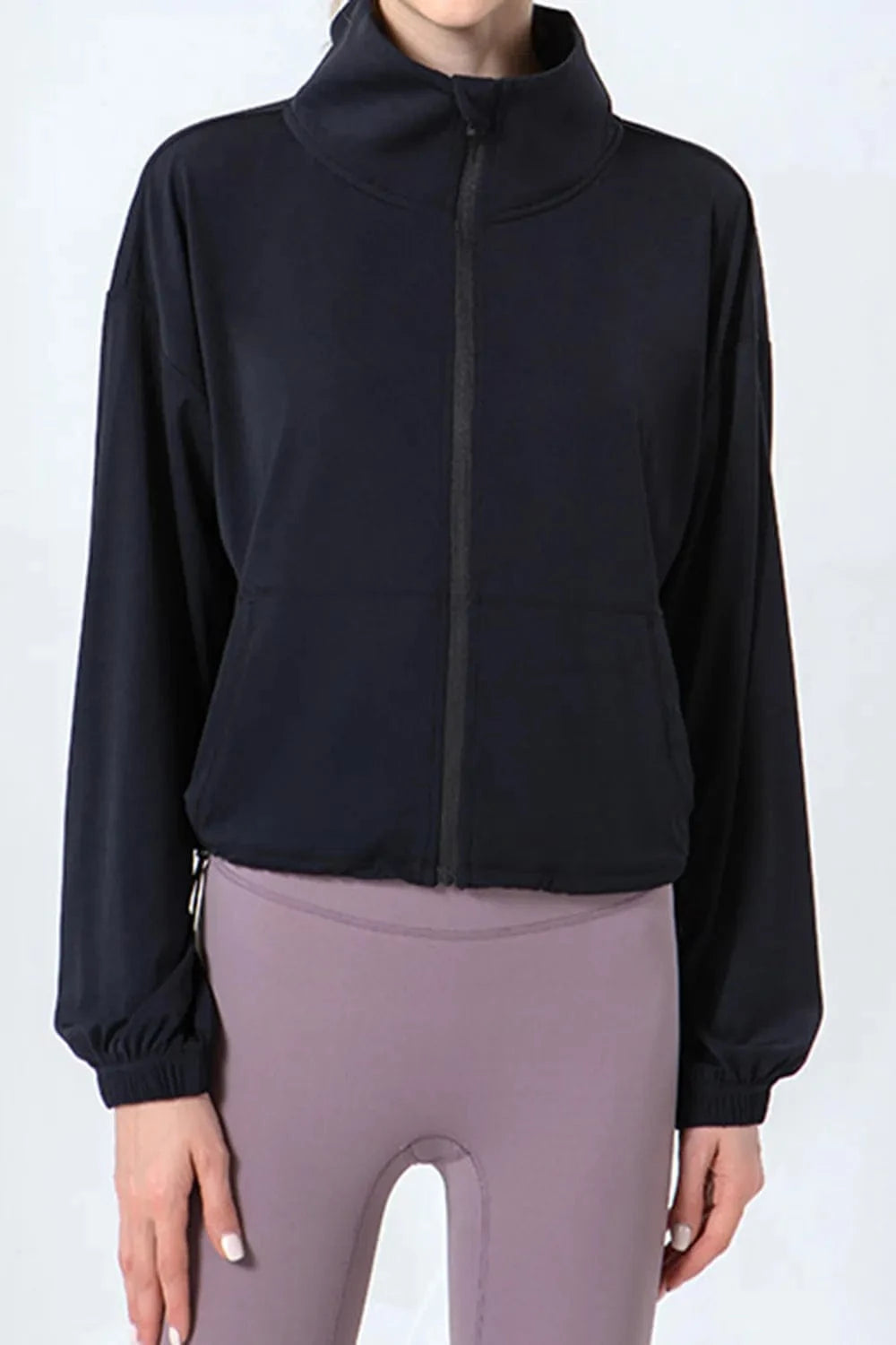 Drawstring Zip Up Dropped Shoulder Active Outerwear - ShalayeFashion
