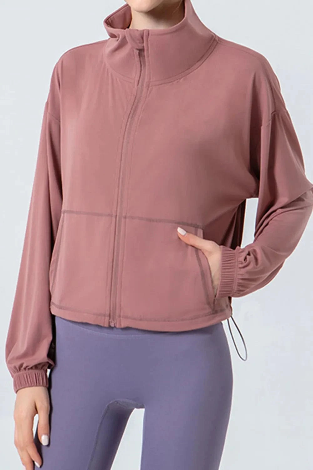 Drawstring Zip Up Dropped Shoulder Active Outerwear - ShalayeFashion