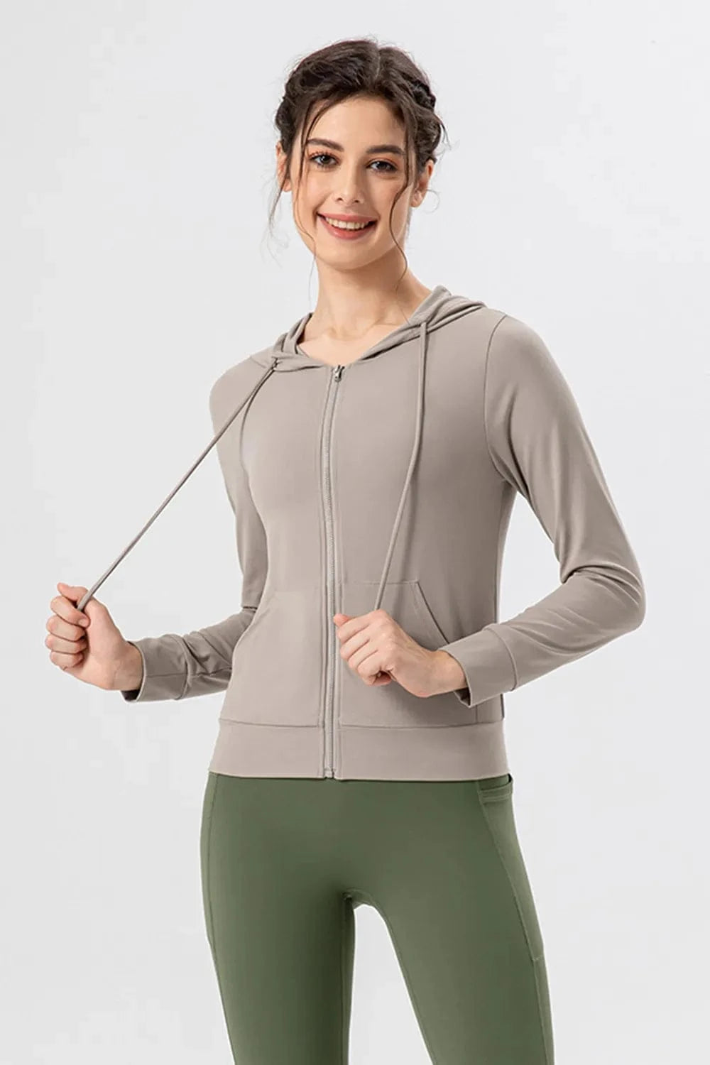 Drawstring Zip Up Hooded Active Outerwear - ShalayeFashion