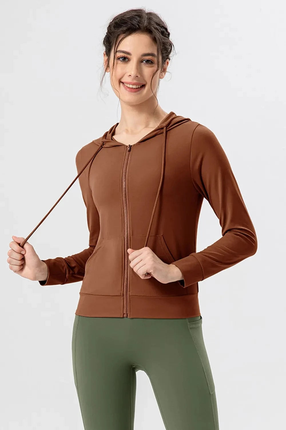 Drawstring Zip Up Hooded Active Outerwear - ShalayeFashion