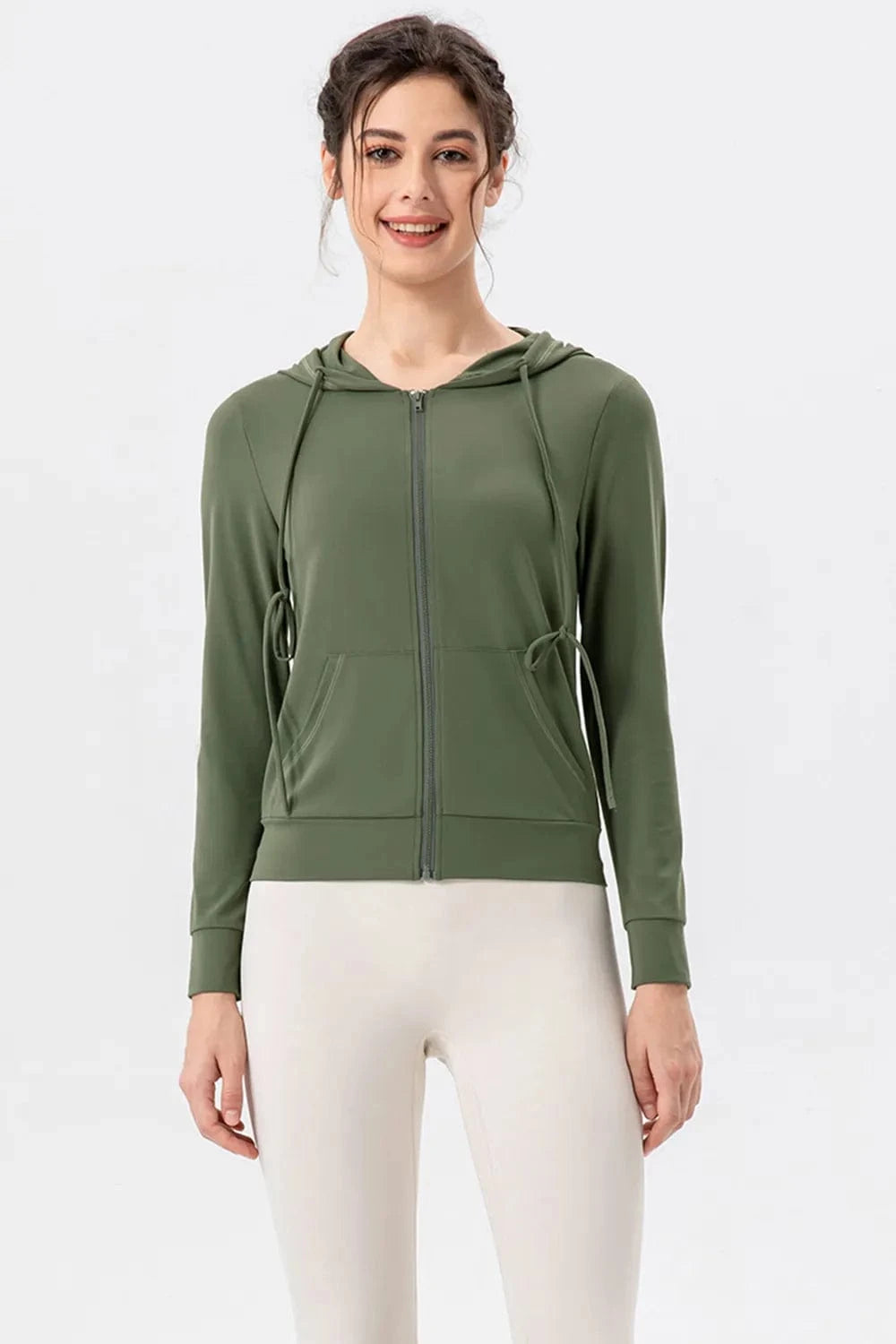 Drawstring Zip Up Hooded Active Outerwear - ShalayeFashion