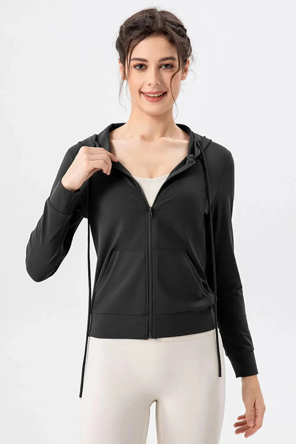 Drawstring Zip Up Hooded Active Outerwear - ShalayeFashion