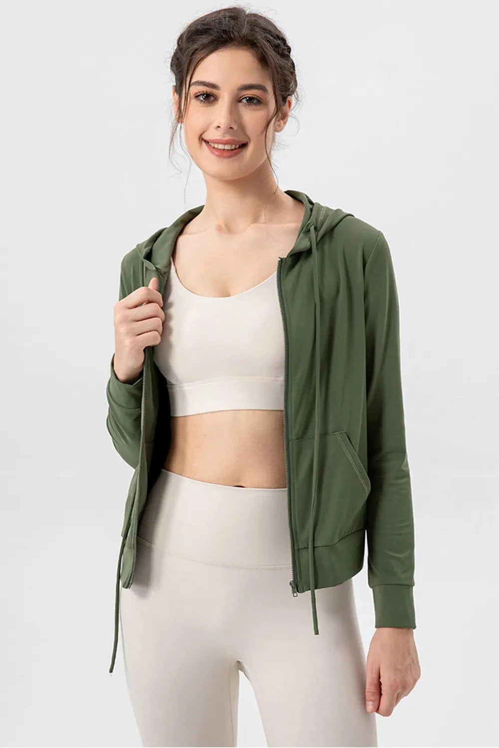 Drawstring Zip Up Hooded Active Outerwear - ShalayeFashion