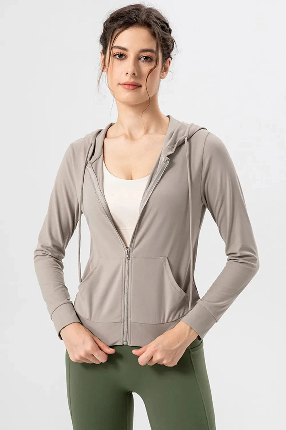 Drawstring Zip Up Hooded Active Outerwear - ShalayeFashion