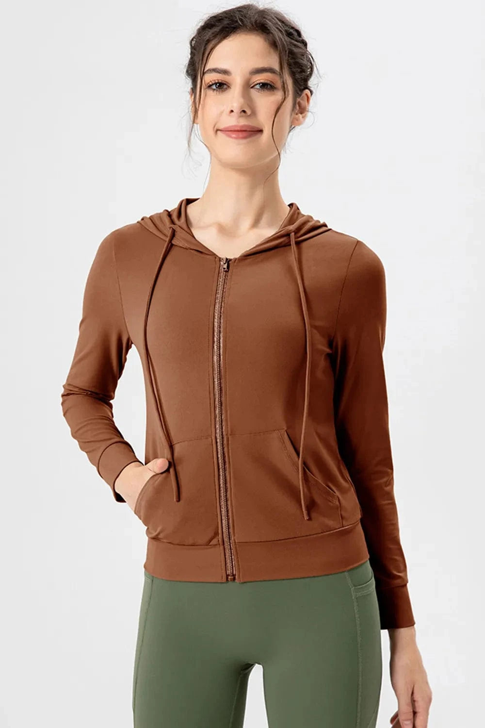 Drawstring Zip Up Hooded Active Outerwear - ShalayeFashion