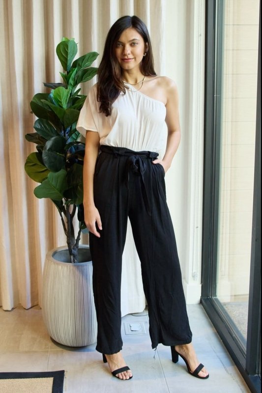 Dress Day Marvelous in Manhattan One - Shoulder Jumpsuit in White/Black - ShalayeFashion