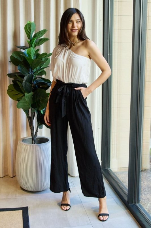Dress Day Marvelous in Manhattan One - Shoulder Jumpsuit in White/Black - ShalayeFashion