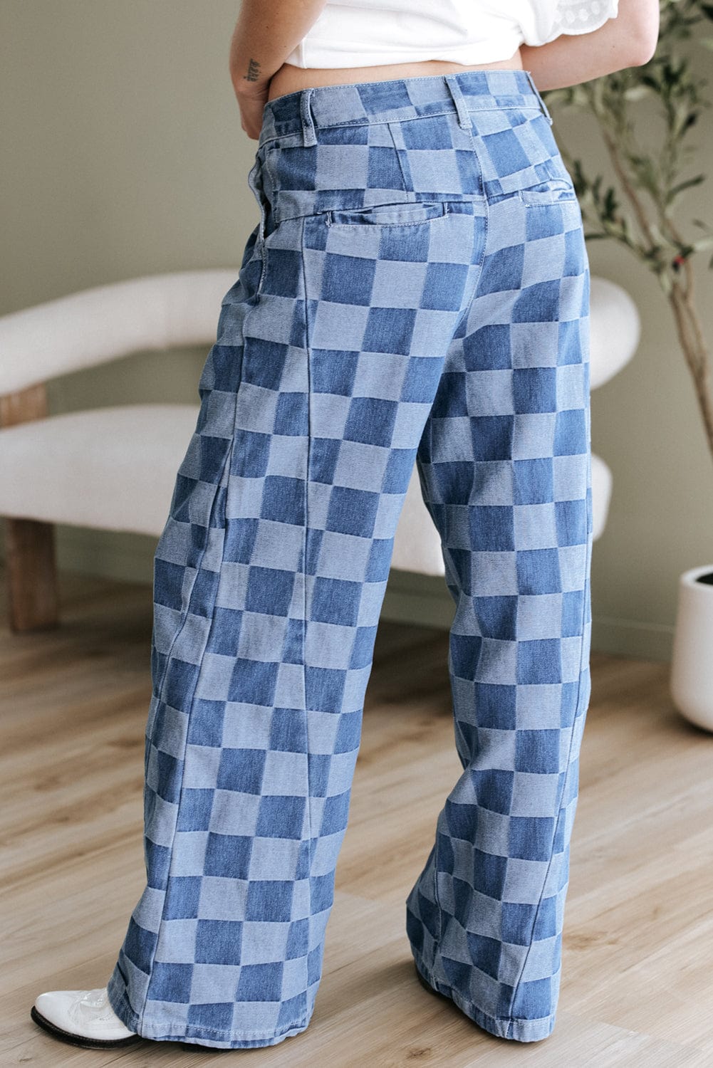 Dusk Blue Checkered Wide Leg Jeans - ShalayeFashion
