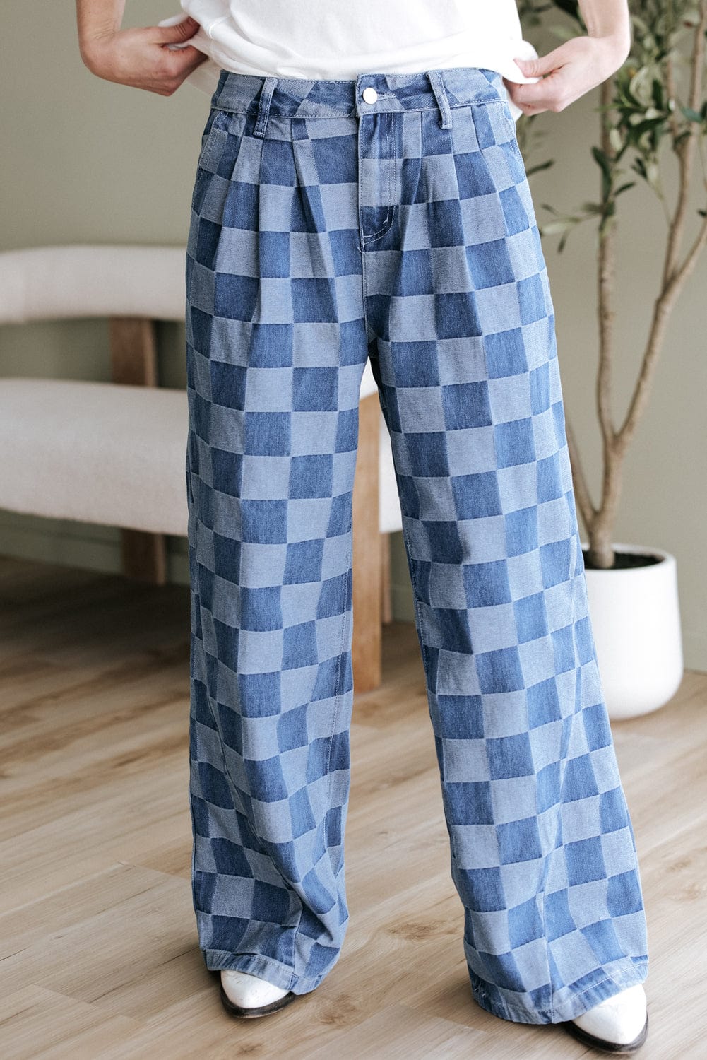 Dusk Blue Checkered Wide Leg Jeans - ShalayeFashion