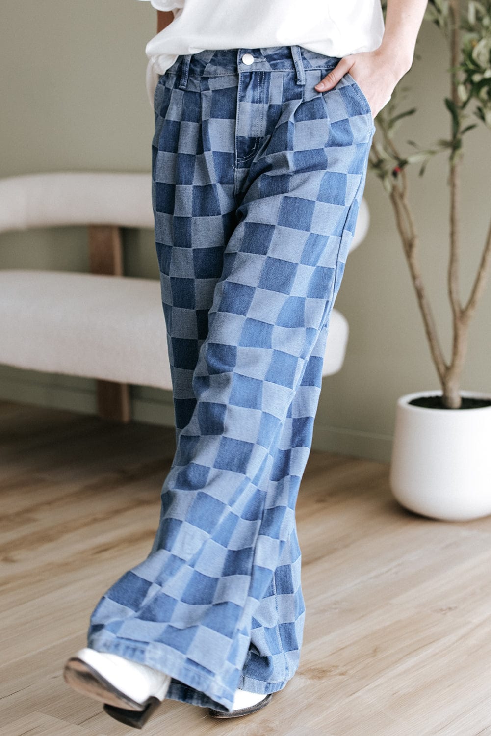 Dusk Blue Checkered Wide Leg Jeans - ShalayeFashion
