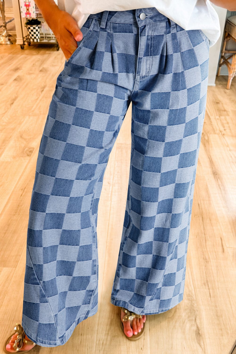 Dusk Blue Checkered Wide Leg Jeans - ShalayeFashion