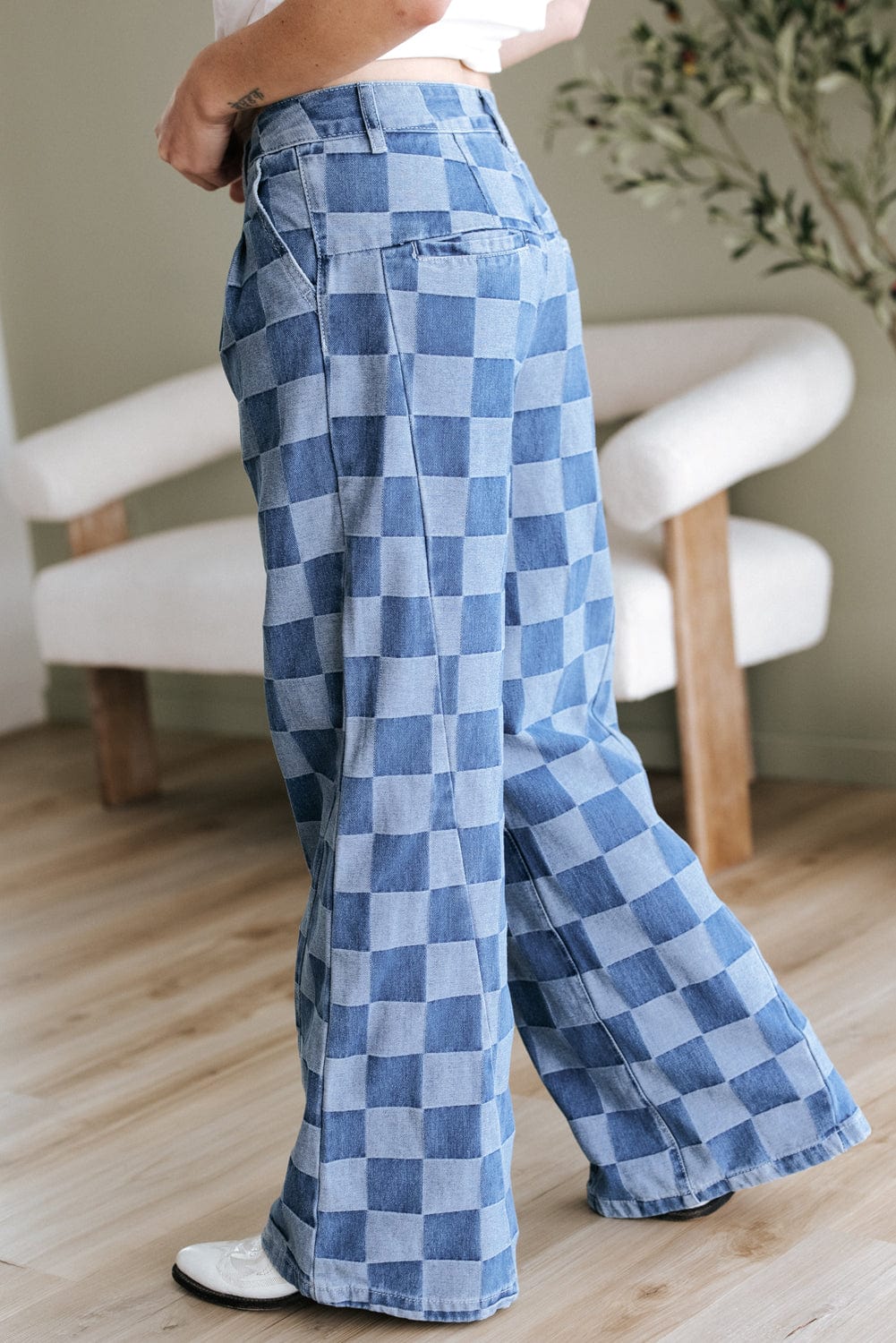 Dusk Blue Checkered Wide Leg Jeans - ShalayeFashion