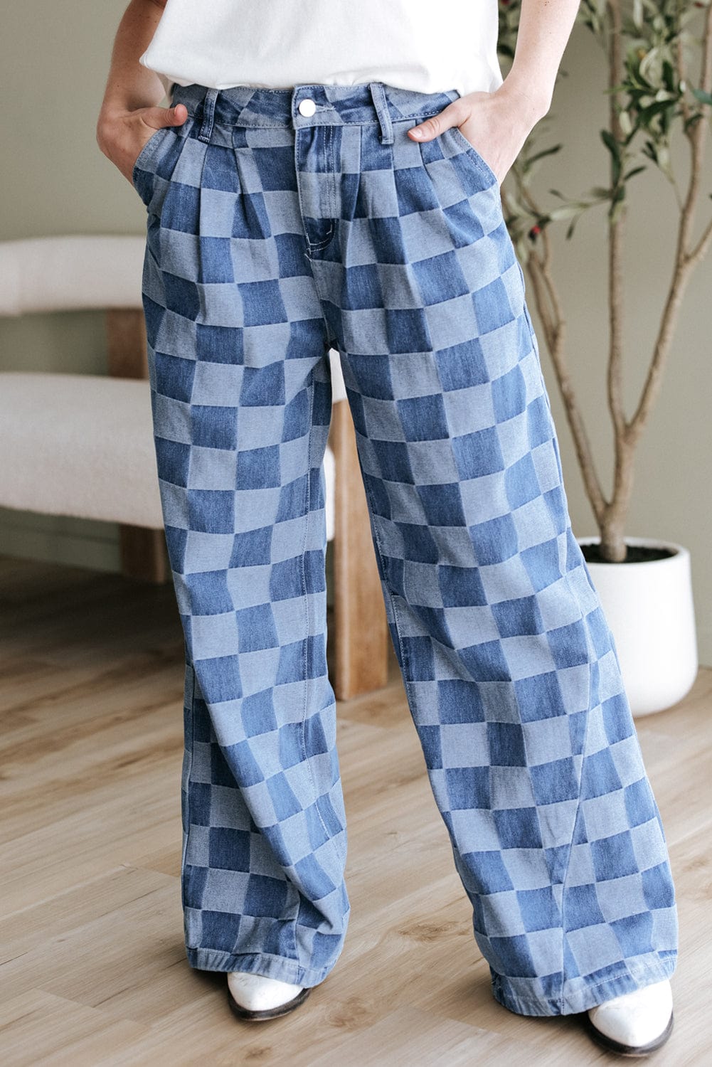 Dusk Blue Checkered Wide Leg Jeans - ShalayeFashion