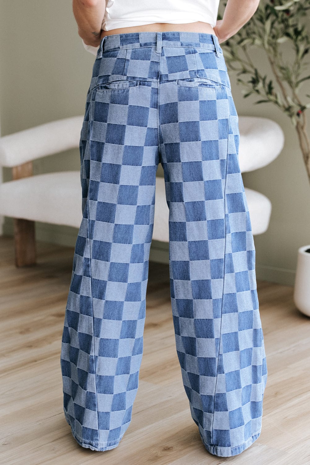 Dusk Blue Checkered Wide Leg Jeans - ShalayeFashion
