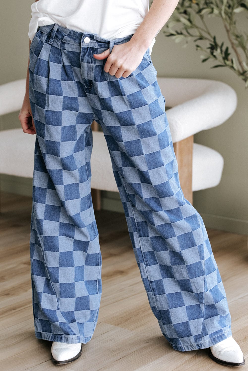 Dusk Blue Checkered Wide Leg Jeans - ShalayeFashion