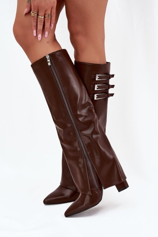 Eco Leather Column Heel Boots Women Straps - ShalayeFashion