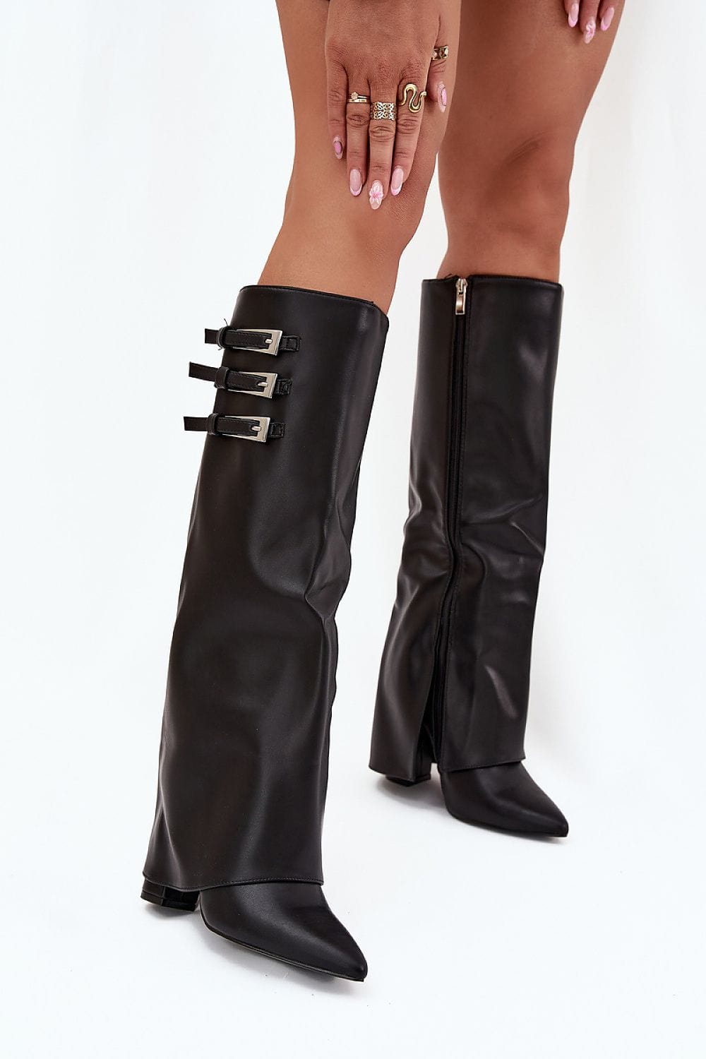 Eco Leather Column Heel Boots Women Straps - ShalayeFashion