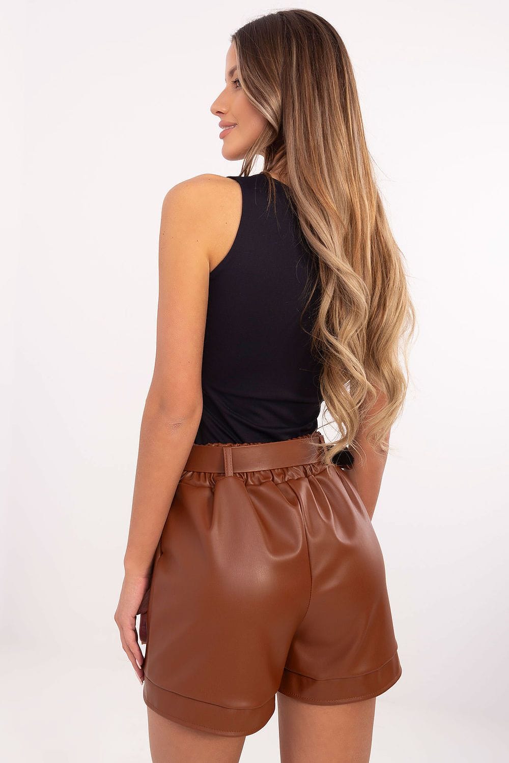 Eco Leather Shorts High Waist Buckled - ShalayeFashion